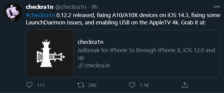 checkra1n 0.12.2 released, fixing A10/A10X devices on iOS 14.3,